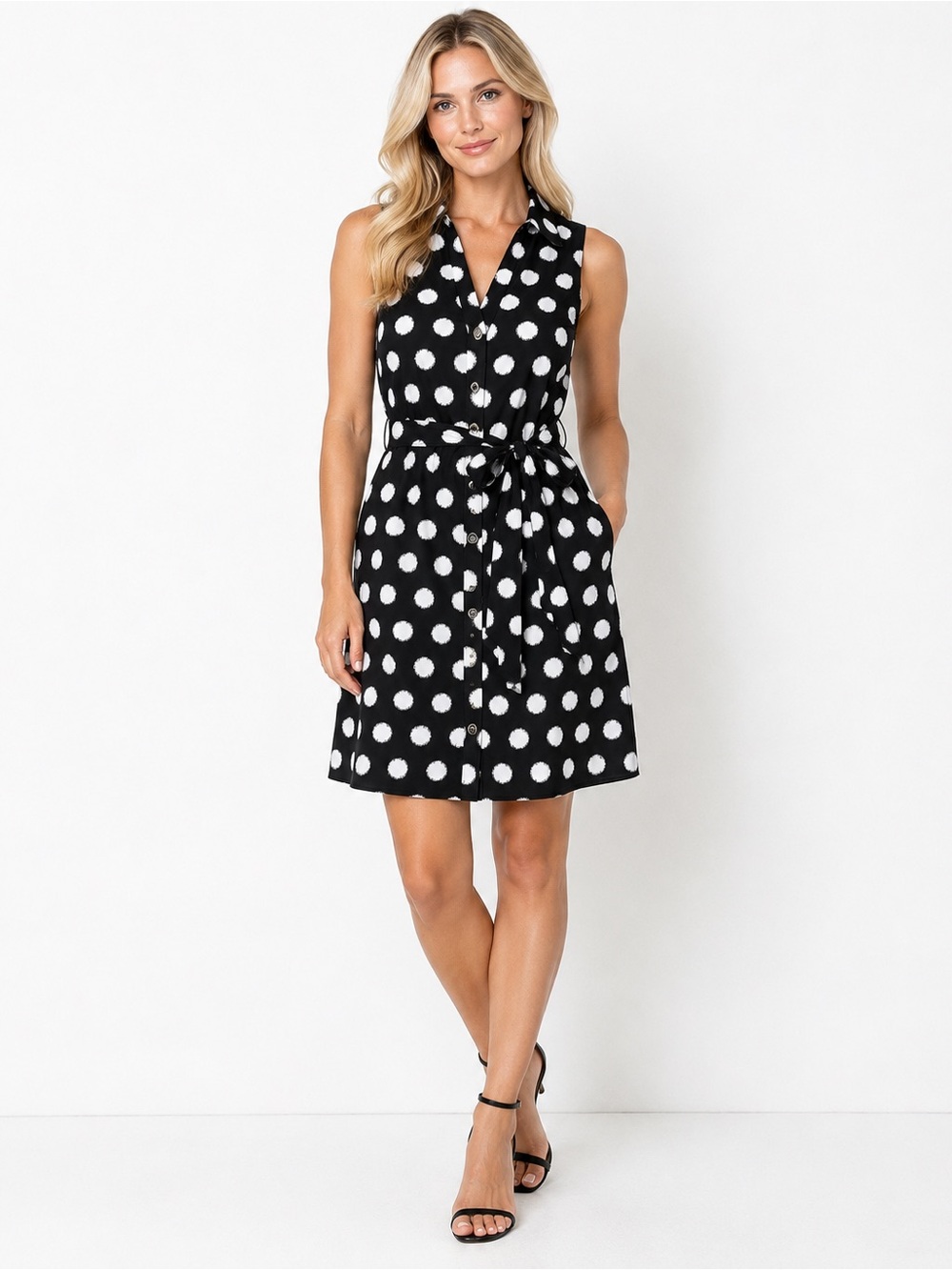 Michael Michael Kors Black White Polka Dot Sleeveless Shirt Dress Size 6